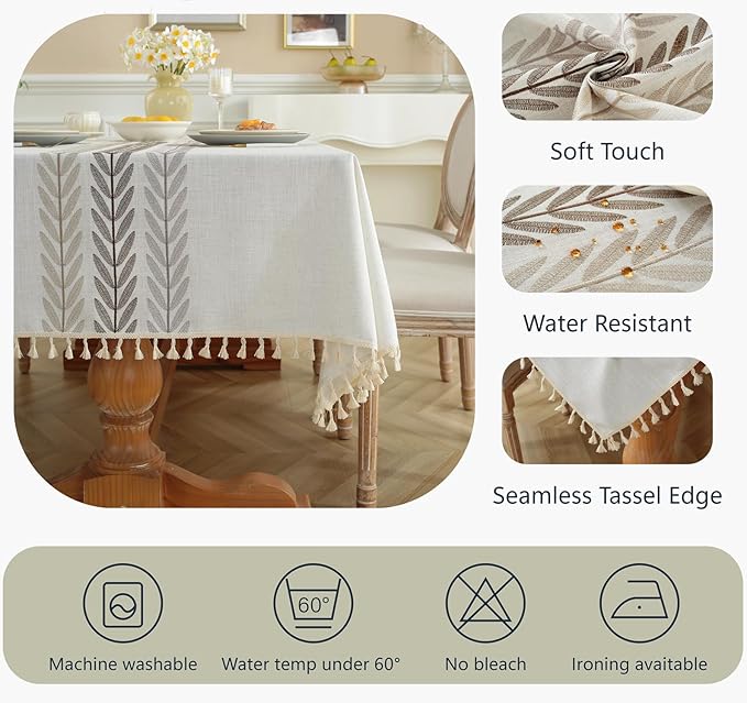 Alsoo Table Cloth Rectangle Table Waterproof Cotton Linen Fall Tablecloth Burlap Wrinkle Free TableClothes for Kitchen Dining, Party, Holiday, Christmas, Beige, Wine Leaf (8-10 Seats, 55"x106")