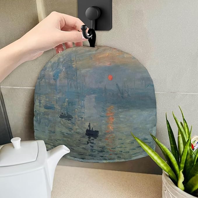 Tea Cozy for Teapots with Handle, Impression Sunrise Prinit Vintage Oil Painting Style Dust Cover, Hanging Fold-Up Design, Suitable for Kitchen and Living Room Table Decoration