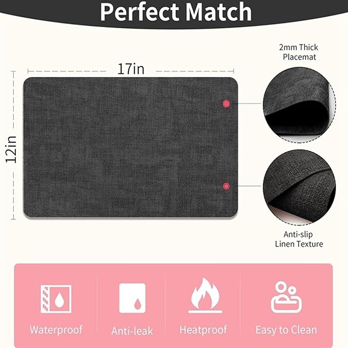 Set of 1/4 Modern PU Placemats for Table Waterproof Non-Slip Leather Tableware Mat Set Kitchen Accessories Coaster Cup(Vin Light Grey,44x30cm 1pcs)