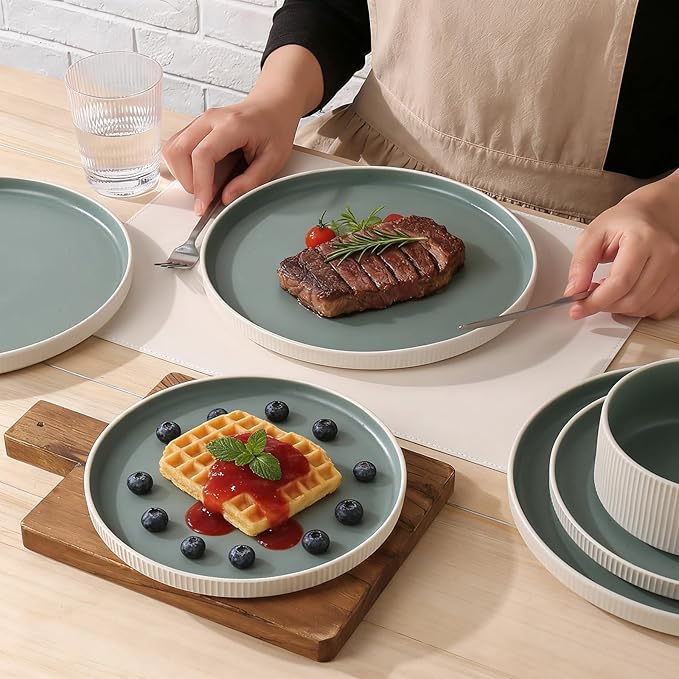 MONITO Ceramic Dinnerware Sets for 4, 18PCS Stoneware Plates and Bowls Sets, Reactive Glaze Dish Set, Chip and Scratch Resistant Double, Microwave and Dishwasher Safe, White Cyan