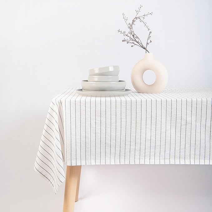 MONDAY MOOSE Striped Farmhouse Picnic Style Decoration Rectangle Natural Stonewashed Cotton Tablecloth for Kitchen, Dining Room, Restaurant (55x70 inch, White/Black Stripes)
