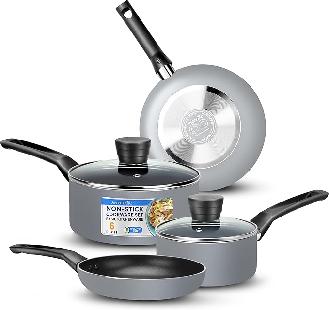 SereneLife Kitchenware Pots and Pans Set, Basic Kitchen Nonstick Cookware Set, Heat Resistant Lacquer (6-Piece Set), One Size, Gray