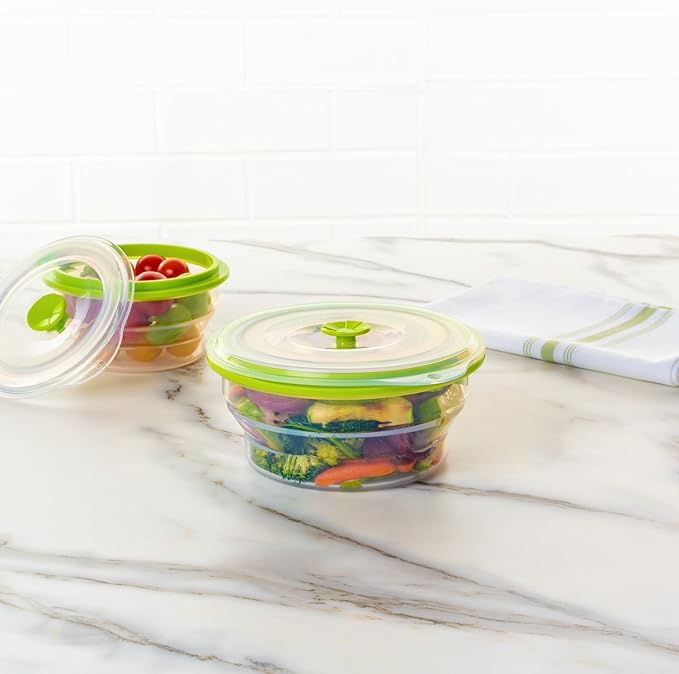 Restaurantware-Fresh Hero 30.6 Ounce Storage Containers, 20 Durable Airtight Food Containers - Microwavable, Freezable, Green Silicone Collapsible Container, Dishwashable, With Vented Lids