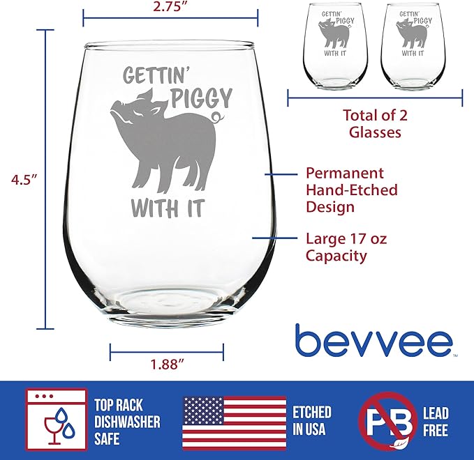 Bevvee Gettin' Piggy With It - Stemless Wine Glasses - Set of 2 - Pig Decor Gifts for Lovers of Swine and Wine - Large 17 Ounce