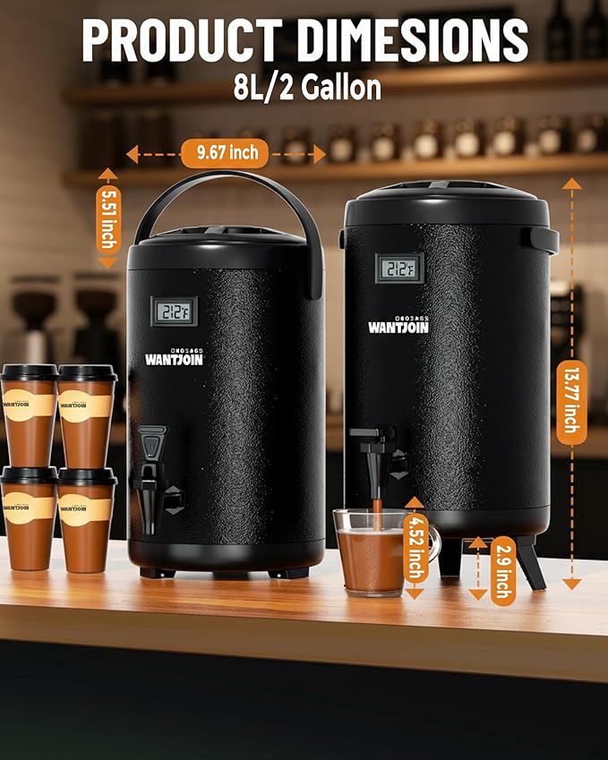 Thermal Beverage Dispenser - 8L/2.1Gal Black Stainless Steel, Single, LCD Thermometer, Triple-Layer Insulated, Non-Electric Hot & Cold Drink Dispenser for Coffee, Tea
