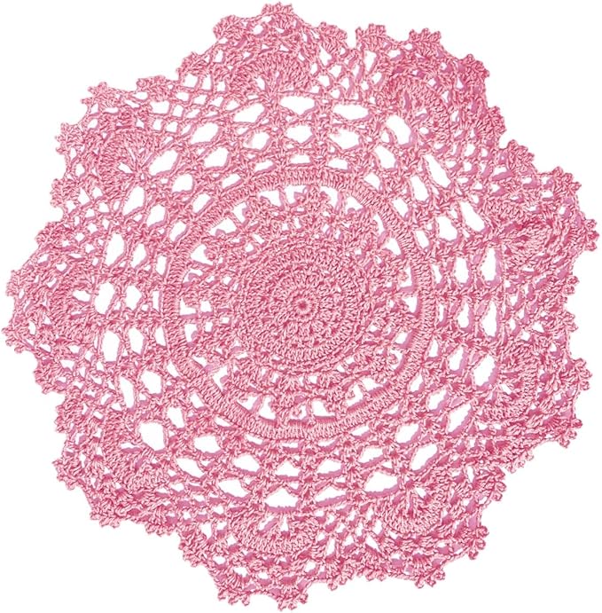 BIBITIME 2PCS Lace Table Doilies Kitchen Placemats Round Handmade Crochet Flower Cup Mug Mat Doily (13 inches to 14 inches, Pink)