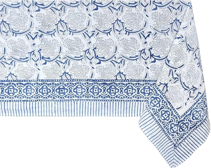 ATOSII ‘Santorini’ 100% Cotton Fall Tablecloth, Handblock Print Blue Rectangle Table Cloth for Kitchen I Dining Table Linen I Parties Wedding Christmas Thanksgiving I Fall Decor 60 X 108 Inches