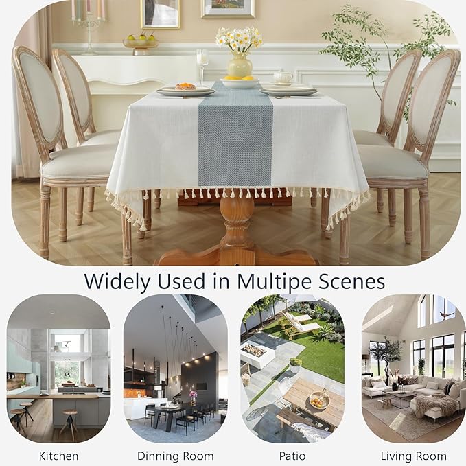 Alsoo Table Cloth Rectangle Table, Cotton Linen Tablecloth Waterproof, Boho Rustic Spring Tables Cover with Tassel for Outdoor Party Kitchen Dining Holiday Decorations (Beige, Blue Stripe, 75''x55'')