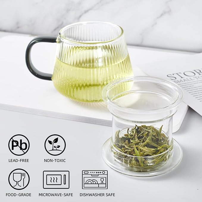 Lezero Tea Infuser Cup with Filter and Lids, Borosilicate Glass Mugs with Strainer for Blooming & Loose Leaf, Lead-free, Microwave & Dishwasher Safe, 14oz
