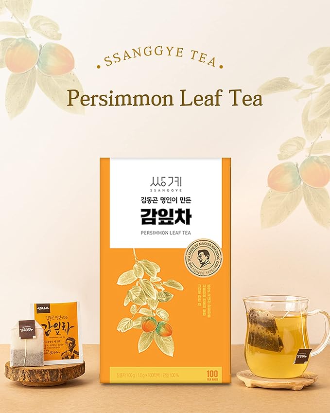 Ssanggye Persimmon Leaf Tea 1.0g x 100 Tea Bags, Bulk Size Premium Korean Herbal Hot Cold Hygienic Single Tea Vitamin Mineral Content Herb Soft Taste Traditional Oriental 감잎차 4 Seasons Made in Korea