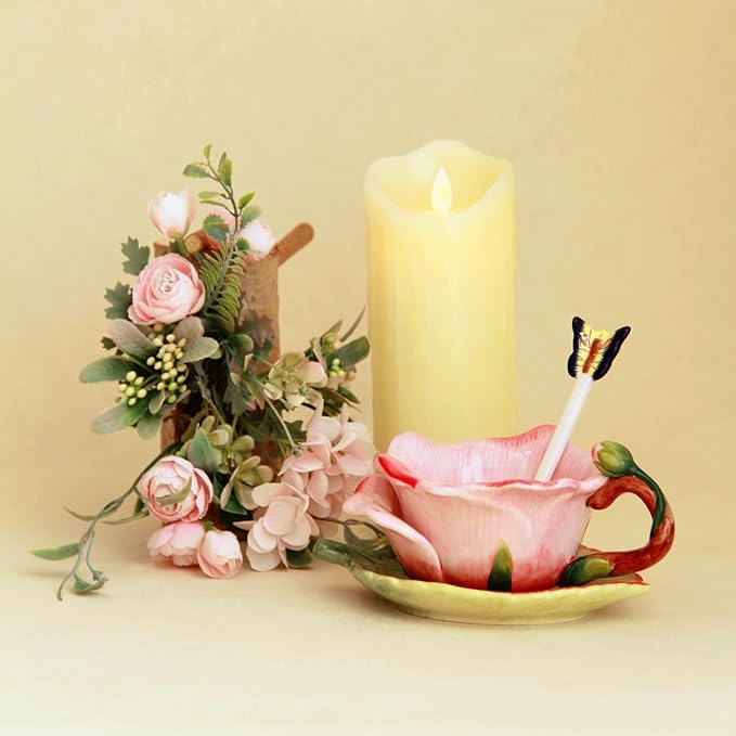 Ceramic Tea Cup and Saucer Set ，6OZ 3D Hand-Painted Flower and Lotus Leaf Coffee Mug，Gift for Women- Pink Rose