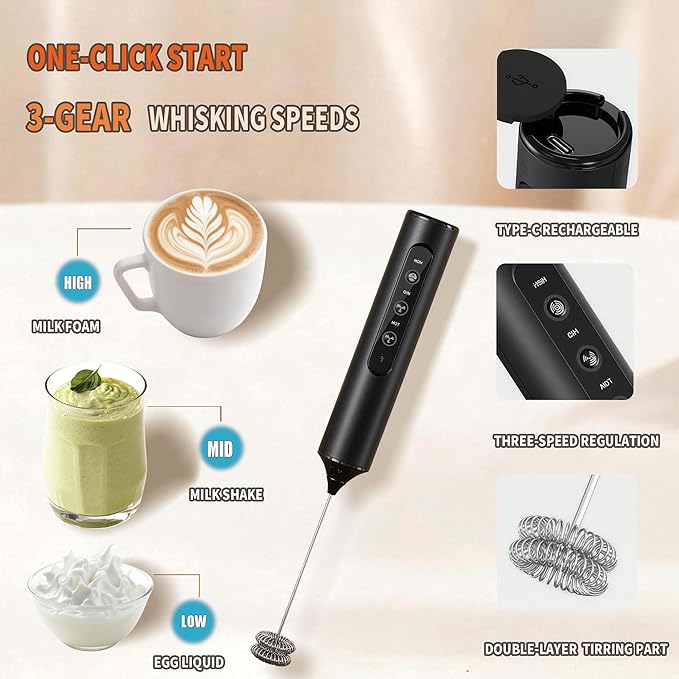 3 Speeds,Milk Frother With Storage Box & Stand,Handheld Electric Hand Mixer with 3 Detachable Whisks, Storage Case & Base, Rechargeable Frother Wand for Coffee, Creamer, Matcha, Heavy Whipping Cream