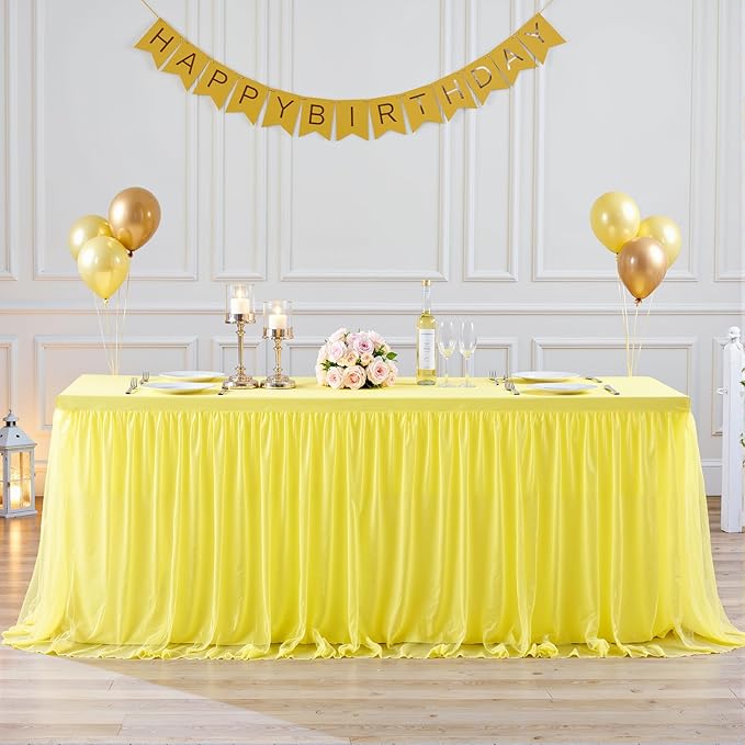 2 Pack Yellow Tulle Tablecloth for 8 Foot Rectangular Tables 8ft Yellow Rectangle Table Cloths Wrinkle Free Table Cover with Tutu Skirt for Birthday Cocktail Banquet Buffet Lemon Fruit Party Decor