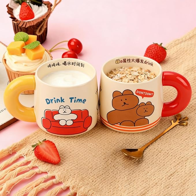 Ceramic Coffee Mugs Set of 2 16 oz (460 ml) Coffee Cups with Handle & Cartoon Stickers- Large & Heartwarming Novelty Big Mug for Women, Men, Great for Hot Coffee or Tea