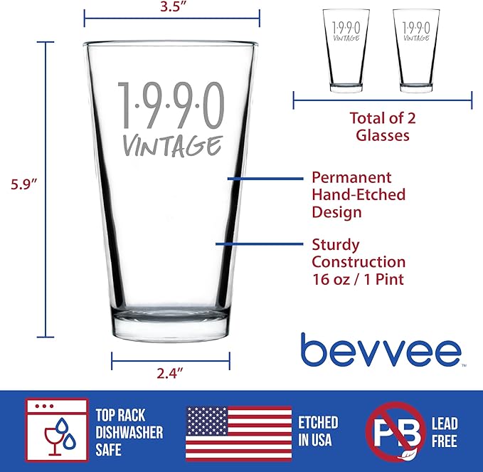 Bevvee Vintage 1990 Pint Glass for Beer - 36th Birthday Gifts for Men or Women Turning 36 - Fun Bday Party Decor - Set of 2-16 oz