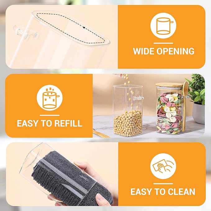 Glass Jars with Bamboo Lids and Spoons - 4 Pack 23 Fl.oz Square Glass Pantry Jars with Airtight Lid, Includes Labels and Marker, Loose Leaf Tea Storage Container for Sugar, Coffee, Oats, Candy