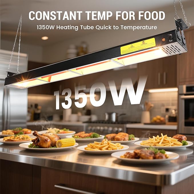 48-Inch Food Heat Lamp - 1350W Commercial Food Warmer Lamp Overhead Stainless Steel Catering Heat Lamps Electric Strip Heater for Restaurant Buffet Parties Kitchen, Black 115V
