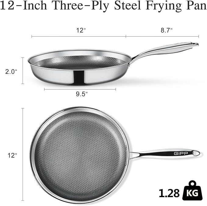GiPP Tri-Ply Stainless Steel Frying Pan, 12 inch Hybrid Frying Pans Nonstick Skillets, Dishwasher and Oven-Safe, Induction Ready, Compatible with All Cook tops, PFOS/PFOA Free