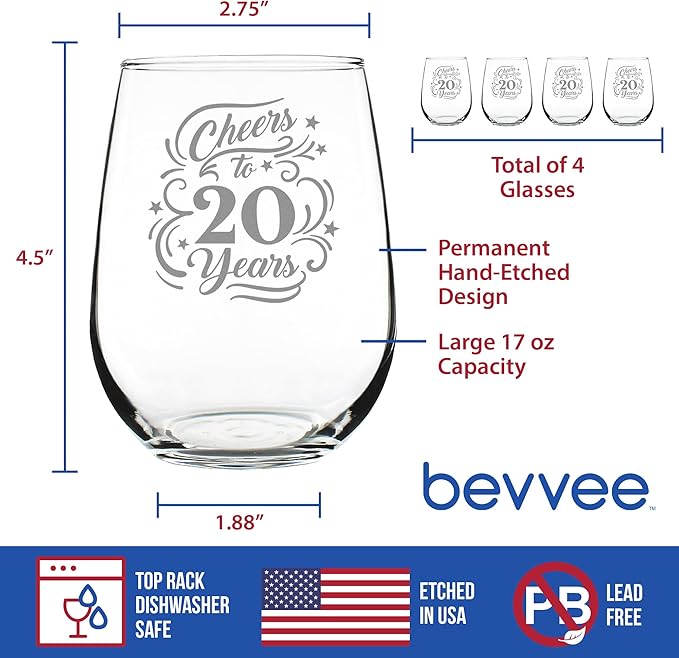 Bevvee Cheers to 20 Years - Stemless Wine Glass Gifts for Women & Men - 20th Anniversary or Birthday Party Decor - Set of 4 - Large 17 Ounce Glasses