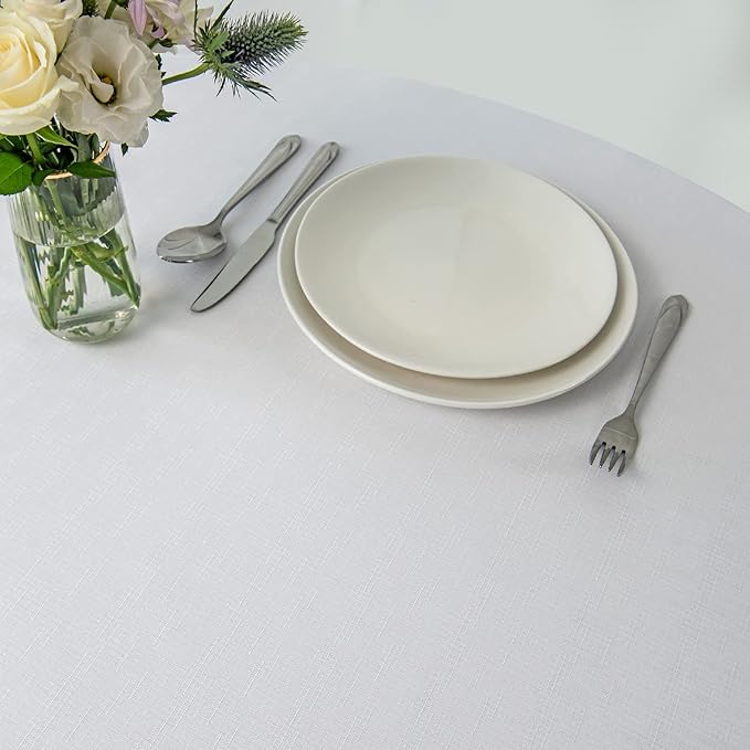maxmill Round Linen Looking Textured Tablecloth Spill-Proof Wrinkle Free Soft Jacquard Table Cloth for Circular Table Cover, for Dining Room Buffet Banquet Parties Holiday Dinner, 70 Inch White