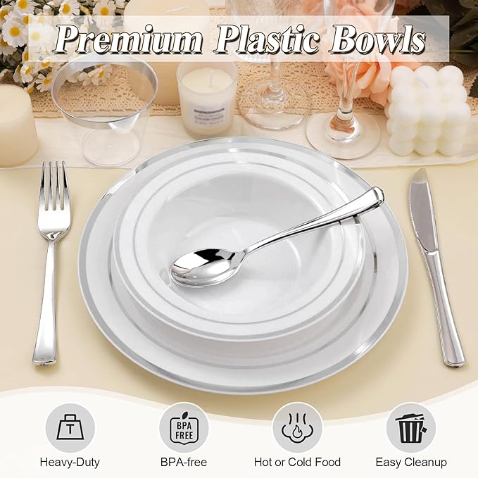 BESTSTAR 100 Pack Disposable Soup Bowls with Silver Rim, 12oz Premium Heavy Duty Plastic Dinner Bowls for Party, Wedding and Holiday
