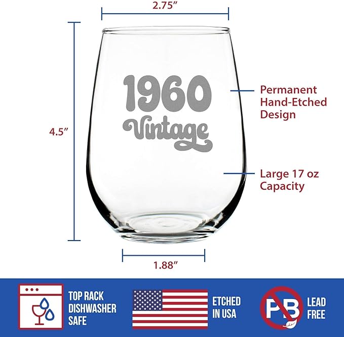 Bevvee Vintage 1960 Stemless Wine Glass - 66th Birthday Gifts for Women & Men Turning 66 - Bday Party Decor - Large 17 oz