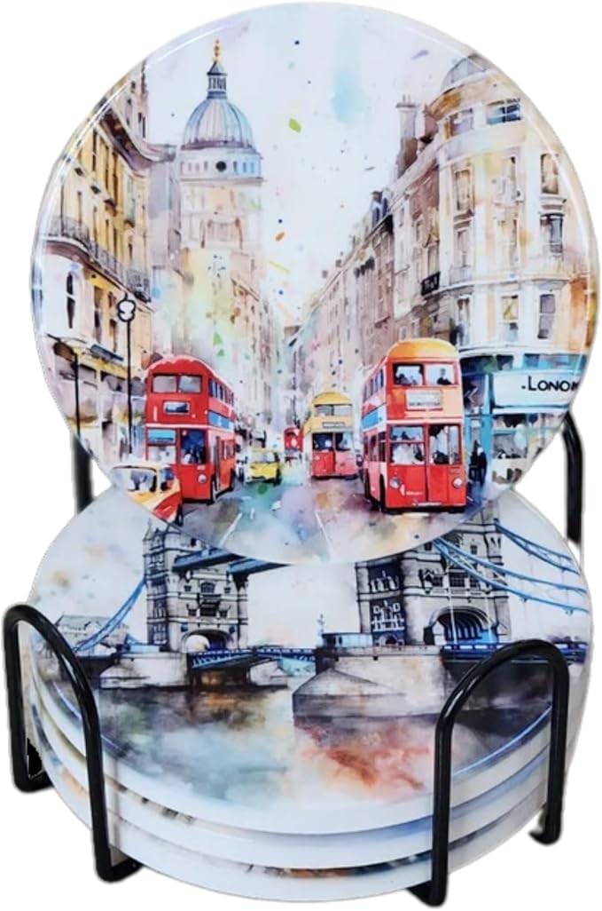 Scenes of London Round Ceramic Coasters, Set of 4 Different Scenes with Black Metal Holder, British Coaster, Gloss Finish, Cork Backed