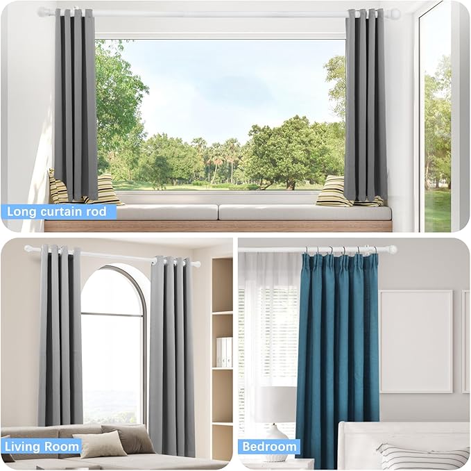 Curtain Rods for Windows 16 to 92 Inches, Curtain Rod Max Adjustable Length of 104 IN, 1" Diameter Drapery Rods Round Finials, White, Pack of 1