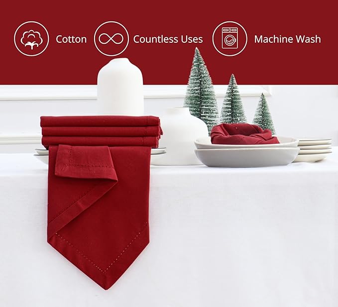 PurpleEssences Set of 12 Hemstitch Cloth Dinner Napkins 100% Cotton - Soft Durable Washable - Ideal for Wedding Fall Thanksgiving - Perfect Everyday Use Table Linen 18x18 - Red