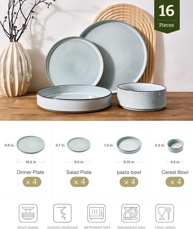 Famiware Annecy Plates and Bowls Sets, Service for 4 (16 Pieces), Dinnerware Sets with Pasta Bowls, Microwave and Dishwasher Safe Dishes Set, Chip and Scratch Resistant, Grey-Blue