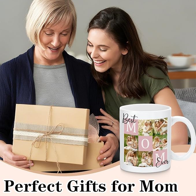 Custom Christmas Coffee Mug Gifts for Mom,11oz Personalized Ceramic Mama Cup with Photo Text & Birth Flower, Customized Birthday Gift for New Moms (Mom-6 Photos)