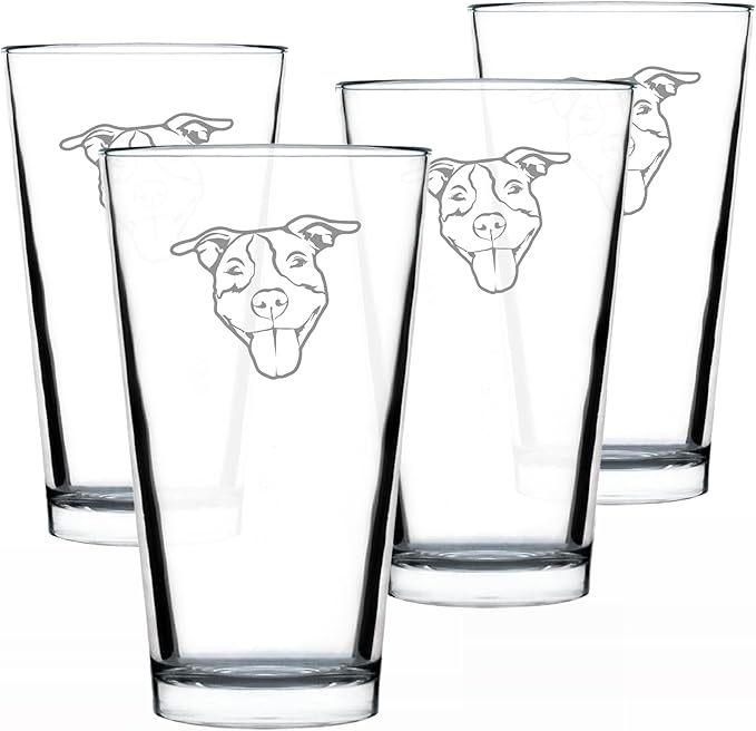 Happy Pitbull - Pint Glass for Beer - Fun Unique Pitbull Themed Dog Gifts and Party Decor for Women and Men - Set of 4-16 oz