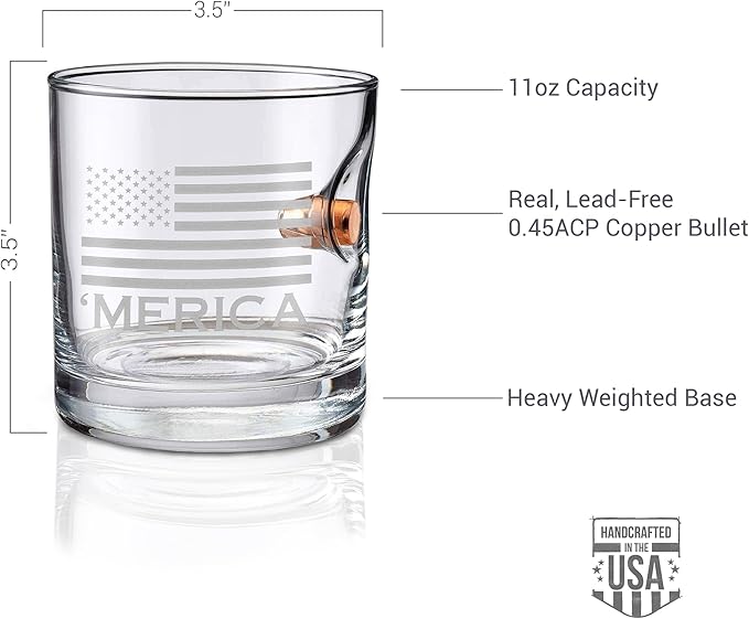 BenShot 'Merica Rocks Glass with Real 0.45ACP Bullet - 11oz | Made in the USA [Set of 2]