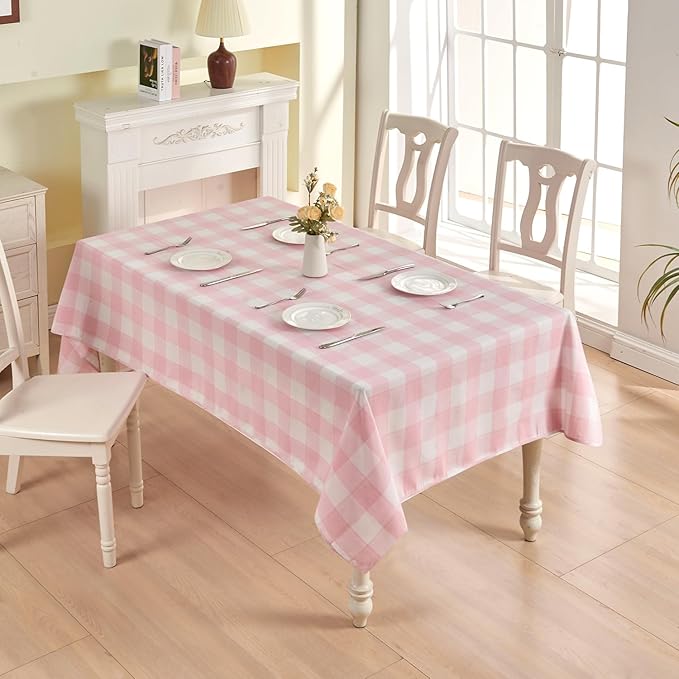 Gingham Tablecloth 57 x 118 Inch – Waterproof Rectangle Table Cloth, Yarn-Dyed Cotton Blend Checkered Tablecloth, Wipeclean Washable Valentines Tablecloth for Dining, Camping, Outdoor (Pink)