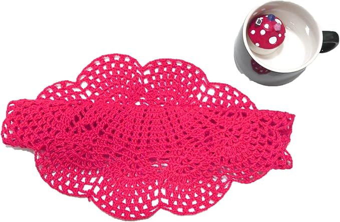 BIBITIME Round Flower Lace Doilies Vase Mats Kitchen Tablecloth Dish Plate Mat Handmade Crochet Table Doily Placemats (Rose Red, 11.8 in to 13.8 in,1PC)