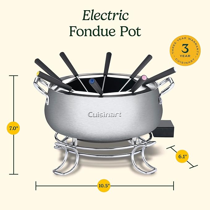 Cuisinart Fondue Pot Set, 3-Quart Stainless Steel Electric Fondue Pot for Chocolate, Cheese, Broth, and Oil, Includes 8 Forks, Temperature Control, Nonstick Interior, Dishwasher Safe, CFO-3SSNAS