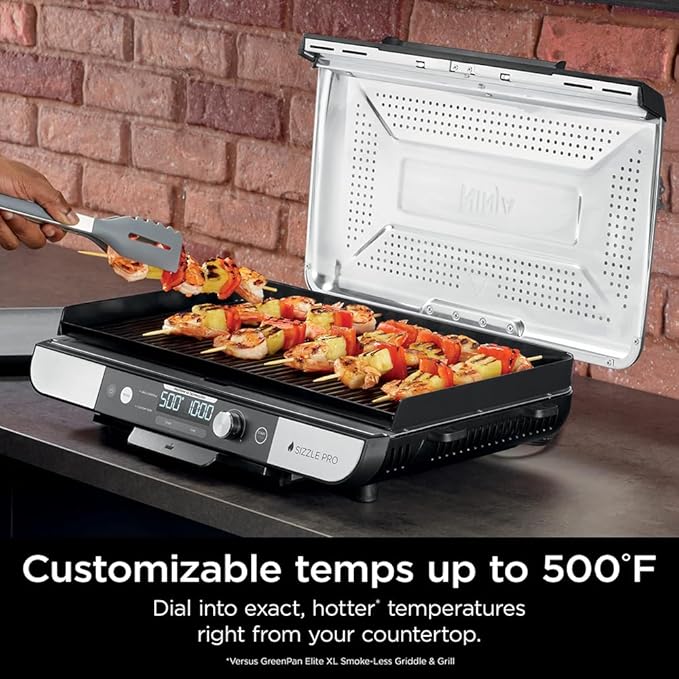 Ninja Sizzle Pro XL 20-Inch Indoor Griddle + Grill, Detachable Ventilated Lid, Grease Control, Ceramic Nonstick Plates, Even Edge-to-Edge Cooking, XL Capacity, Versatile, Silver GX101 (Renewed)
