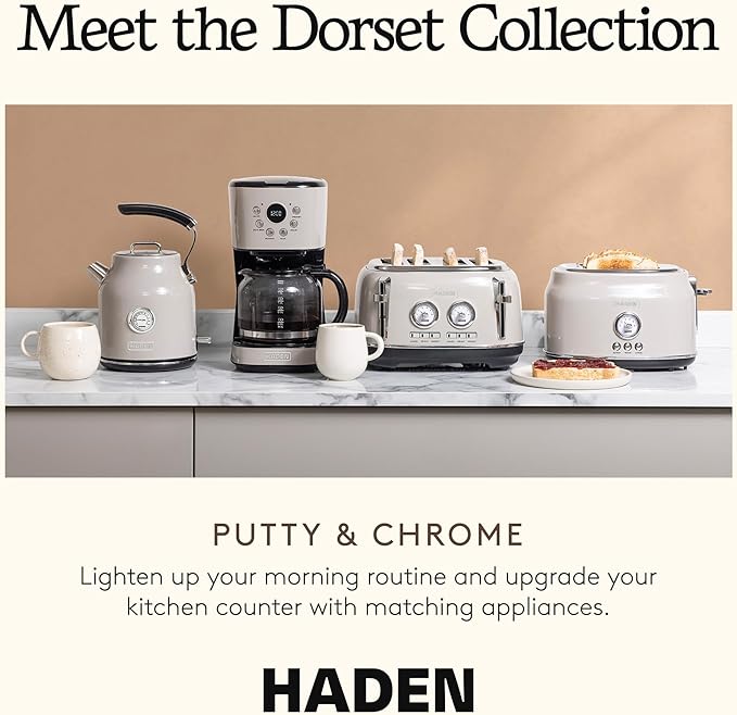 Haden Dorset 4-Slice Wide-Slot Toaster, Stainless-Steel Bread Toaster with Adjustable Browning Control, Crumb Tray & Non-Slip Feet, Putty & Chrome
