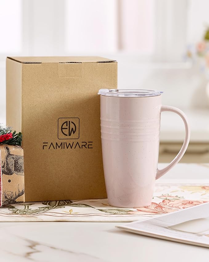 famiware Jupiter Large Coffee Mug, 20oz Coffee Mug with Lid, Ceramic Mugs Set of 2, Cup Set with Handle for Latte, Tea, Cocoa, Milk, Home & Office, Microwave and Dishwasher Safe, Light Pink