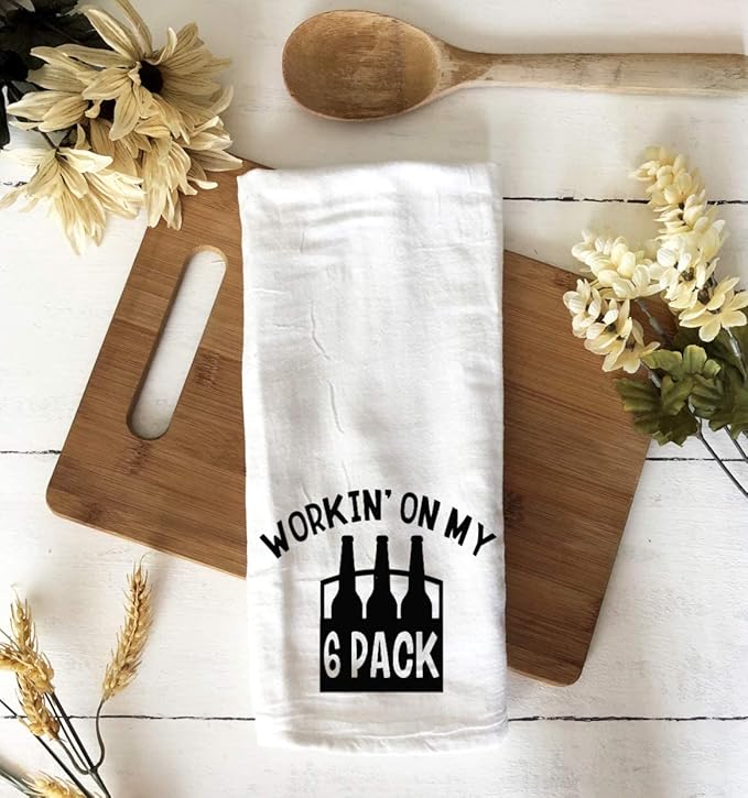 Handmade Funny Kitchen Towel - 100% Cotton Beer Run Hand Bar Towel for Kitchen - 28x28 Inch Perfect for Hostess Housewarming Christmas Mother’s Day Birthday Gift (Workin On My 6 Pack)