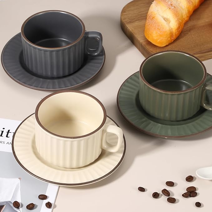 uxcell Handmade Vintage Espresso Cups, 8 oz Coffee Cups and Saucers Ceramic Tea Cup with Handle Dishwasher and Microwave Safe for Latte Cappuccino Milk Office Home Gifts, Cream