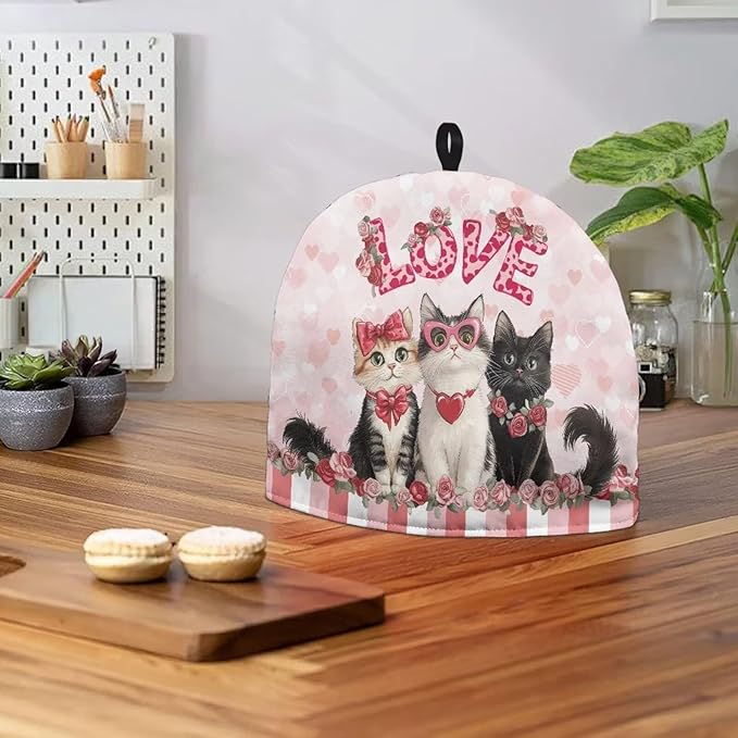 Pink Tea Cozy for Teapot Insulated Love Heart Kettle Cover Thick Home Decorative Cat Kettle Kitchen Dust Cover for Kitchen Accessory