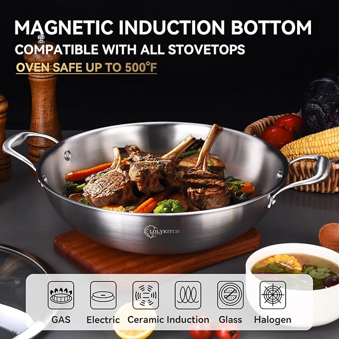 LOLYKITCH 12 Inch Tri-Ply Stainless Steel Wok Pan with Lid,Kadai,5 QT Induction Cooking Pot,Dishwasher and Oven Safe