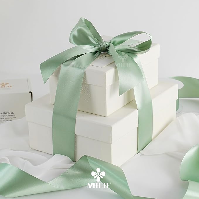 MEEDEE Sage Satin Ribbon 2 Inch Light Green Ribbon Double Faced Satin Ribbons by 25 Yards Silk Luxurious Green Ribbons for Crafts, Cake Decoration, Weddings, Flower Bouquet