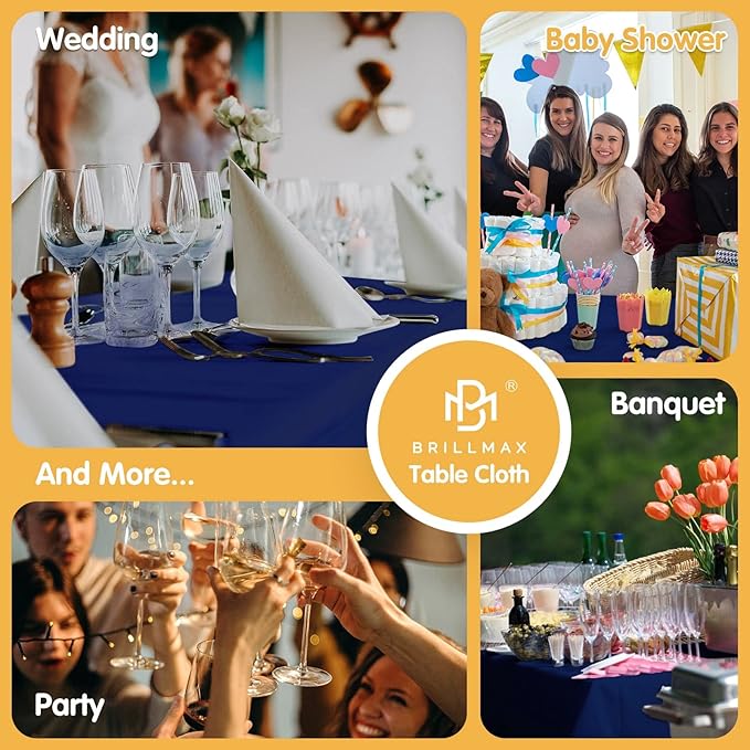 BRILLMAX 6 Pack Navy Blue Tablecloths 60 x 126 Inch for 8ft Rectangle Tables - 150 GSM Polyester Fabric, 15" Standard Drop, Water, Stain & Wrinkle Resistant Cloth Cover for Wedding Dining Buffet