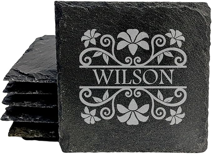 Personalized Monogram Family Coasters, Natural Stone Set, Birthday, Wedding, Customized, Rustic - Square Slate - Set of 6