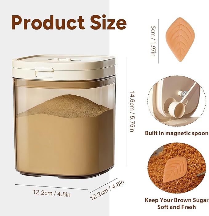 Airtight Brown Sugar Container with Clay Disc - 1.2 Qt (1200 ml) Glass Jar, Moisture Proof Storage Keeps Sugar Soft - Includes 1 Clay Disc & Spoon for Flour, Coffee, Dry Food, Sugar