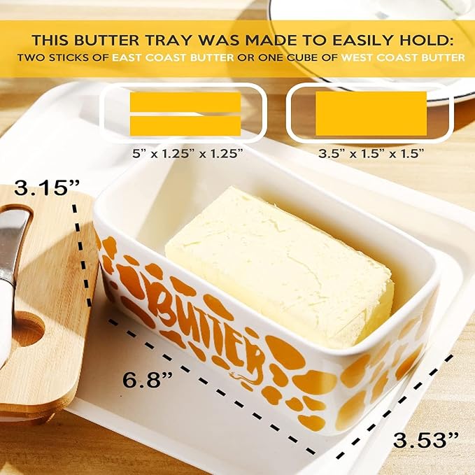 Cow Butter Holders, Cceramic Butter Dish with Lid, Large Butter Dish with Lid for Countertop, Silicone Sealing, Good Kitchen Gift, White (Gold with Knif)