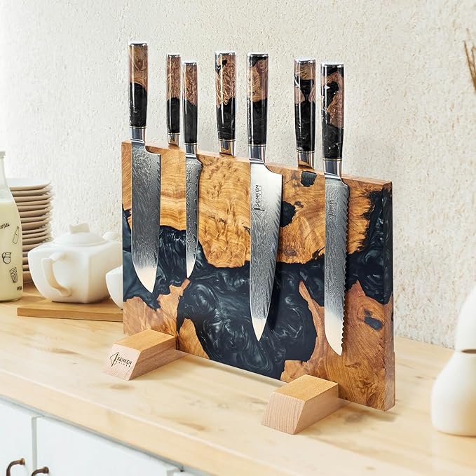 SENKEN "Black Tsunami" Extra Large Magnetic Knife Block - Holds Up to 16 Knives - Knife Block without Knives, Universal Knife Holder, Beautiful Dark Resin Burl Wood Blend (Black Resin)