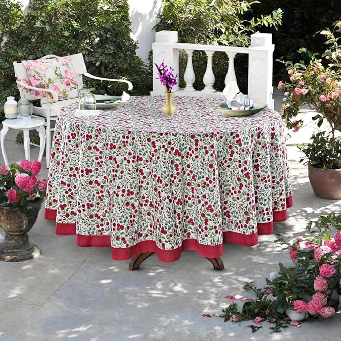 Ridhi Block Print Round Garnet Red Reusable Tablecloth 100% Cotton 90" Inch Decorative Table Cover eveyday Dining, Home, Party, Wedding, Farmhouse Gift for Spring, Easter, Valentine